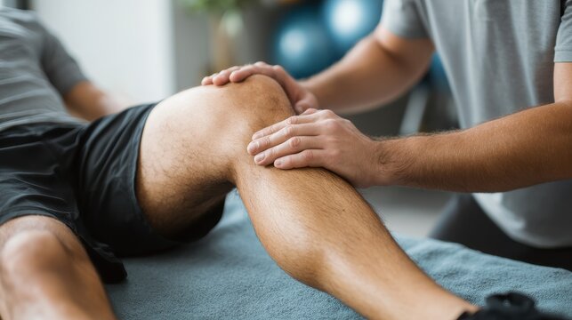 A therapist massages an athlete s knee