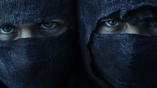 Gaze of two masked individuals with intense blue eyes, blurred in background for focus on expressions.