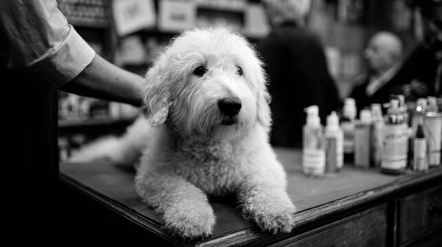 A white dog is groomed at a salon Bolonka Bolognese