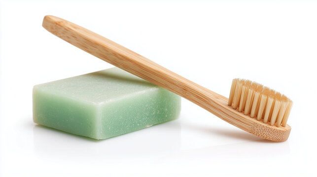 Clean Studio Shot of Bamboo Toothbrush and Natural Soap Bar on White