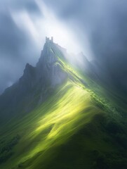 Medieval castle perched on verdant mountain, golden sunbeams piercing cloudy sky, casting ethereal light across ancient stone walls and dramatic landscape