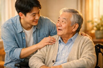 Obraz premium Asian son converses with and supports his father in a wheelchair