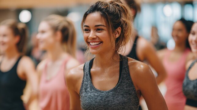 Cheerful trainer guiding women in a gym session
