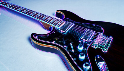 Vibrant Electric Guitar Lying on Stage with Glossy Finish.
