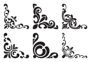 Fototapeta premium Collection of six black vintage baroque corner decorative elements for design projects