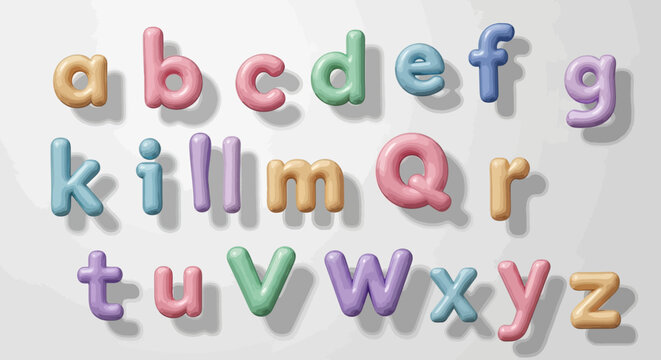 Colorful 3d alphabet letters in pastel shades on white background for kids learning and education with school and abc and j and m and q and v