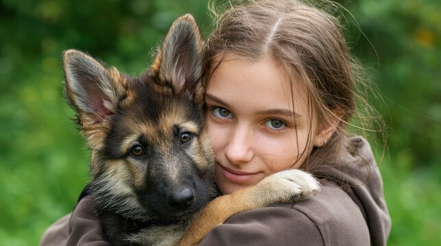 Close up photo of a girl embracing a puppy in a green garden