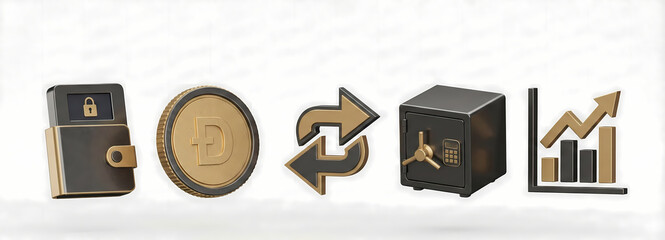 3D rendered icons representing financial concepts such as secure digital wallets, cryptocurrency, money exchange, safe storage, and market growth analytics.