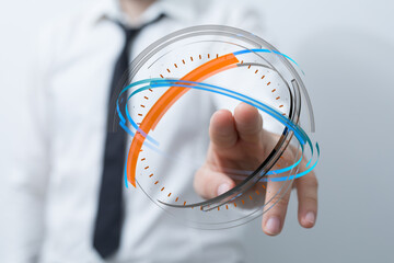 Abstract image of a person touching a digital time concept, representing innovation, global connection, and futuristic technology.