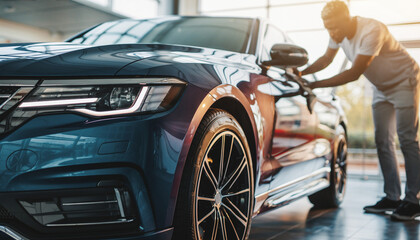 Busy mechanic polishing a blue luxury car in sunlit showroom.