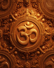 Obraz premium Sacred Om Wood Carving Seamless Pattern, Thai Temple Style 3D Teak Engraving, Warm Golden Light