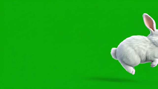 3D animation of a jumping cute white rabbit, bunny isolated on green chroma key background. Spring, Easter concept