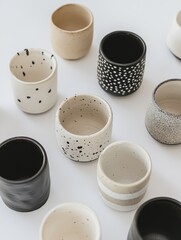 Handmade ceramic cups displaying vibrant patterns and colors. Artisan crafted vessels arranged elegantly against pristine white background. Highlighting creative design and skilled pottery techniques