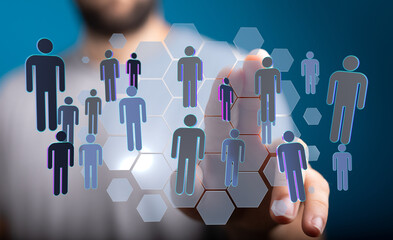 Hand touching digital network of people linked by hexagons. Concept of communication, networking, connection, a