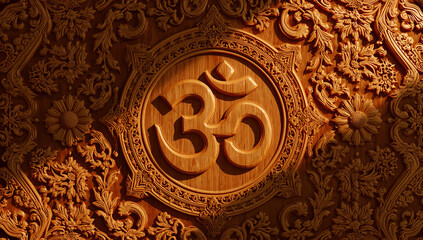 Obraz premium Sacred Om Wood Carving Seamless Pattern, Thai Temple Style 3D Teak Engraving, Warm Golden Light