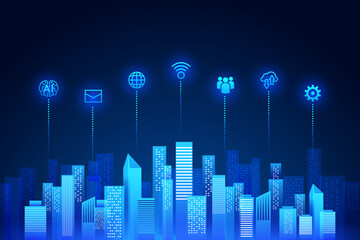 Smart city skyline with AI, cloud, Wi-Fi, and IoT icons connected to buildings. Ideal for visuals on urban innovation, digital infrastructure, and smart technology integration.