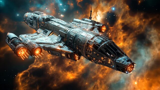 A futuristic spaceship soars through a vibrant nebula in space, embarking on an interstellar journey.