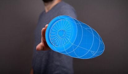 An artistic visualization of an engine held by a man. Concept for engineering and design. Technology, ideas, and innovation visualized.