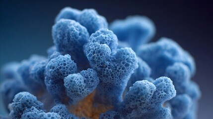 A detailed ro image of a vibrant blue porous marine organism showcasing intricate organic textures and delicate cellular formations