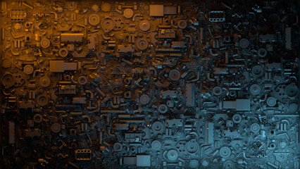 Teal and Orange Industrial Wallpaper: 3D Render of Automotive Parts, Gear Wheels and Pipes. Dark...