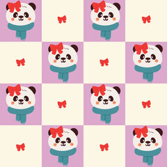 cute cartoon panda with blue scarf and red bow in patchwork style for winter season