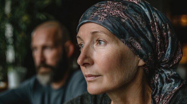 Woman with a brain tumor supported by her family wearing a head covering