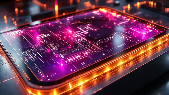 Close-up of a futuristic circuit board with glowing neon lights, showcasing advanced technology.