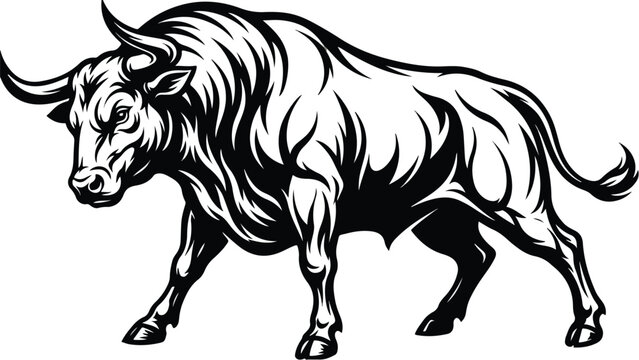Powerful bull illustration black and white ready to charge forward.