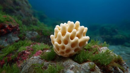 A porous sponge sits on a rock covered in green algae submerged in clear blue ocean water