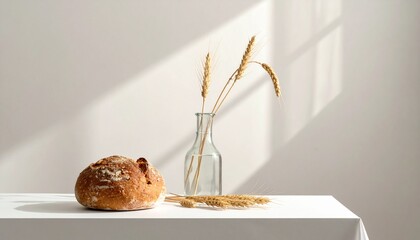 A simple and modern composition featuring a round loaf of homemade bread next to a glass vase with wheat stalks. The soft light creates a cozy and minimalist atmosphere.