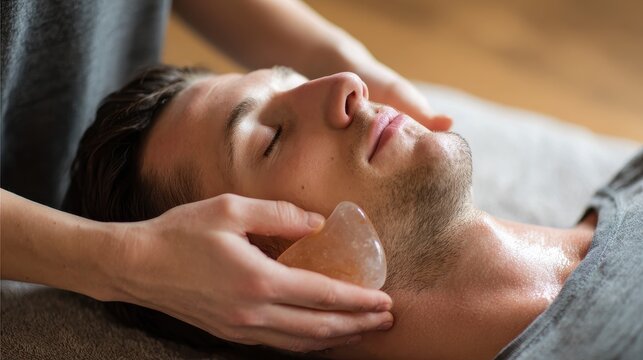 Young man receiving gua sha facial treatment to ease tension and decrease swelling