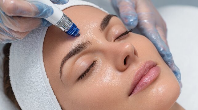 Ultraformer lifting facial treatment Woman receiving hydro microdermabrasion at beauty clinic Hydra vacuum exfoliation and rejuvenation