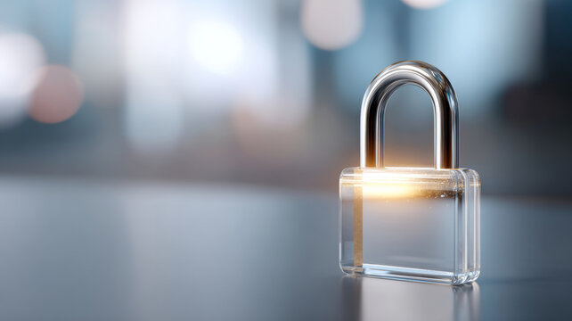 Transparent padlock with metallic shackle on reflective surface symbolizing security and protection in modern digital environment with blurred background - Powered by Adobe