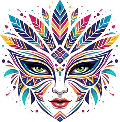Fototapeta premium Colorful tribal mask with feathers and geometric patterns