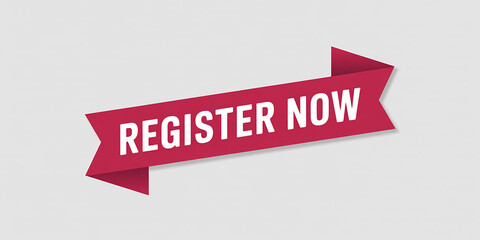 Angled red ribbon banner with white text " REGISTERNOW" on a light gray background