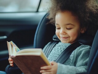 A joyful young girl is seated in her car seat. She holds a book close to her face as she appears engrossed in the pages. The setting suggests that this could be during a road trip or travel time.