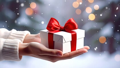 Beautifully wrapped gift box with red ribbon held in hands, surrounded by soft snowflakes and festive bokeh lights at winter holiday celebration