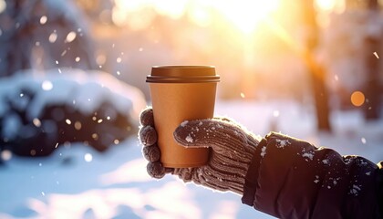 Warm Coffee in Disposable Cup Held by Gloved Hand Against Sunset Background with Glistening Snow on a Winter Day