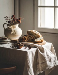A simple and cozy still life with homemade bread and spices. The scene includes a ceramic jar, small bowls with spices, and freshly baked bread on a linen cloth, all set in soft, natural light.