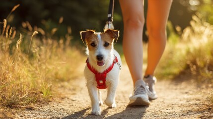 A woman in casual attire strolls with her Jack Russell in a summer park where the dog sports a red harness Adorable pet outing in the morning