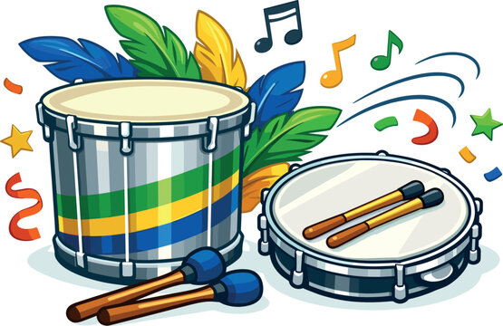 Carnival drums with feathers and musical notes, vector illustration
