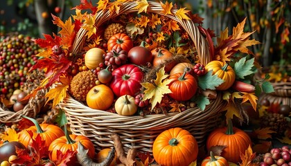 Vibrant autumn harvest bounty overflowing basket, nature, basket