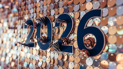 Close-up of the year 2026 in metallic numbers against a shimmering sequin background.