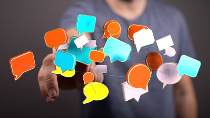 Abstract image of a person interacting with floating 3D speech bubbles representing communication, ideas, and c