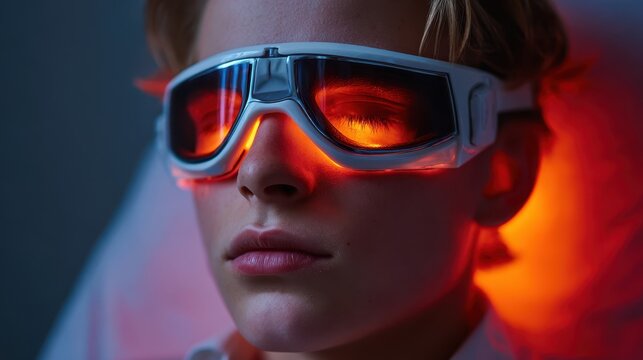 A teen receives infrared therapy for chalazion using a device that emits soothing orange light to reduce eyelid swelling