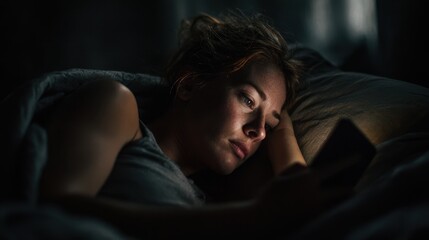 Exhausted woman awake in bed with a phone researching sleep issues and mental health in a dark room She s anxious and needs rest themes of insomnia anxiety and depression