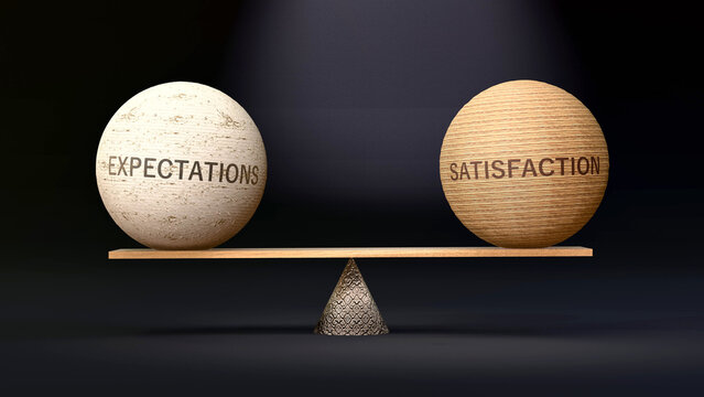 Satisfaction and expectations in balance - balancing stones on a scale symbolizing harmony, equity and equilibrium between expectations and satisfaction.  ,3d illustration