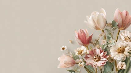 Beautiful floral arrangement featuring pink and white tulips, daisies, and other blossoms on a soft beige background, perfect for spring-themed designs and decorations
