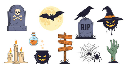 Set of diverse Halloween elements including a gravestone full moon witch hat potions and a creepy zombie hand.