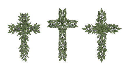 Three Christian crosses creatively formed from green leaves and branches representing life faith and religious hope.